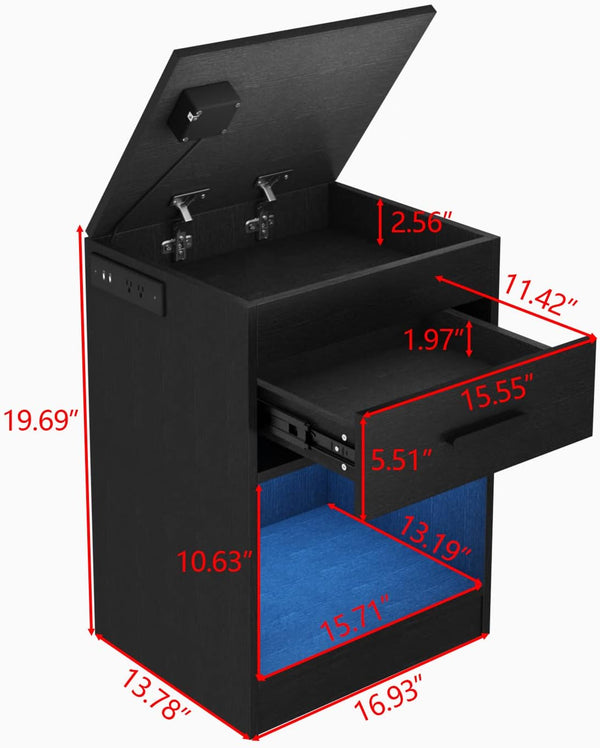 Hidden RFID-Locked CompartmentSecurely stores valuables (e.g., cash, jewelry, documents).Built-in Charging Station2 AC outlets2 USB ports (1 for LED lights, 1 for RFID lock)RGB LED Strip LightingAdjustable color & brightnessRemote controlledUp to 16.4 ft rangeMaterial: Engineered woodColor: BlackSize: 13.78" D × 16.93" W × 19.69" HCompartment Size: 15.55" L × " W × 2.56" DPower Options:USB or 4×AAA batteries (not included)Weight: Approx. 18.5